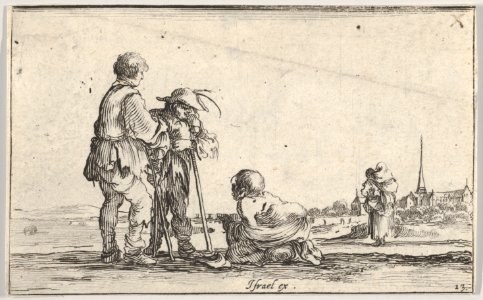 Plate 13- two peasants standing to left, a cripple kneeling on the ground in center, a woman carrying a child seen from behind to right in middleground, a church to right in background, from 'Caprice faict par de la Bella' MET DP831117