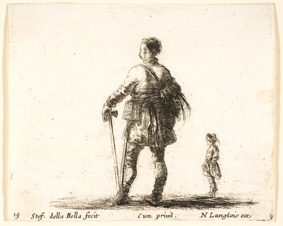 Plate 19- a Polish nobleman in court dress, standing in center, seen from behind, another nobleman to right in background, from 'Diversi capricci' MET DP817344