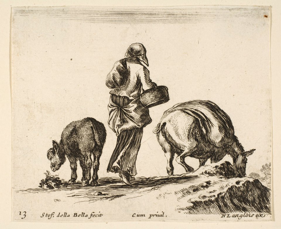 Plate 13- a peasant woman, seen from the back, holding a basket in center, a donkey to left and a horse with a pack on its back to right, from 'Diversi capricci' MET DP817411