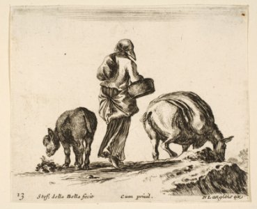 Plate 13- a peasant woman, seen from the back, holding a basket in center, a donkey to left and a horse with a pack on its back to right, from 'Diversi capricci' MET DP817411