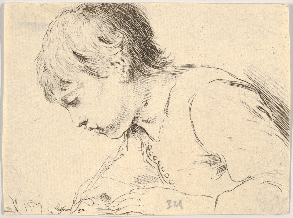 Plate 14- a child writing with a quill, facing left in profile, from 'Various heads and figures' (Diverses têtes et figures) MET DP831159