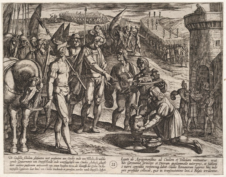 Plate 21- Envoys from Cologne Bring Presents to Civilis, from The War of the Romans Against the Batavians (Romanorvm et Batavorvm societas) MET DP863055
