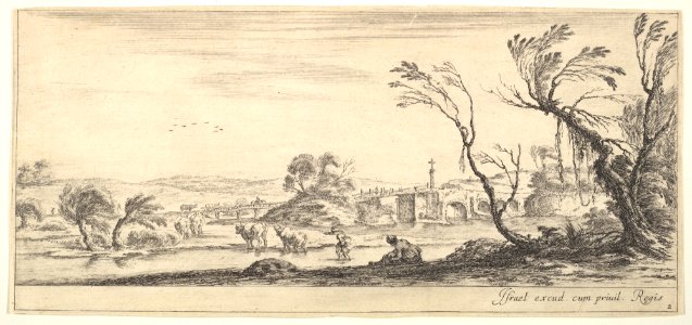 Plate 2- a peasant woman removing her shoes in center, another peasant woman and two cows in a stream to left, a bridge to right in the background, from 'Various landscapes' (Divers paysages) MET DP827793