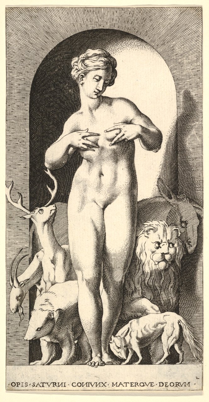Plate 2- Ops standing in a niche with her hands at her breasts, looking to her left, with animals behind her, from a series of mythological gods and goddesses MET DP830887