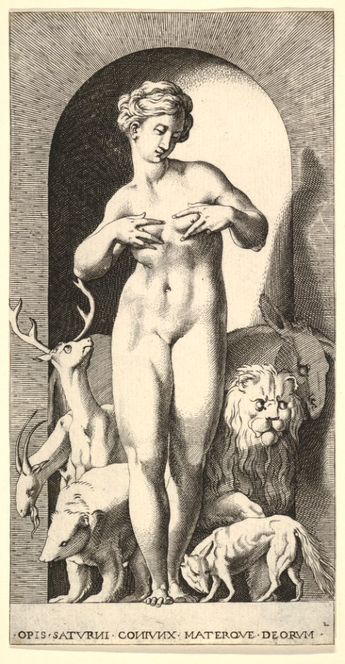 Plate 2- Ops standing in a niche with her hands at her breasts, looking to her left, with animals behind her, from a series of mythological gods and goddesses MET DP830887