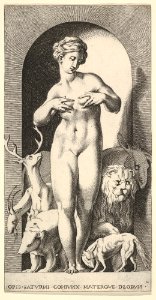Plate 2- Ops standing in a niche with her hands at her breasts, looking to her left, with animals behind her, from a series of mythological gods and goddesses MET DP830887