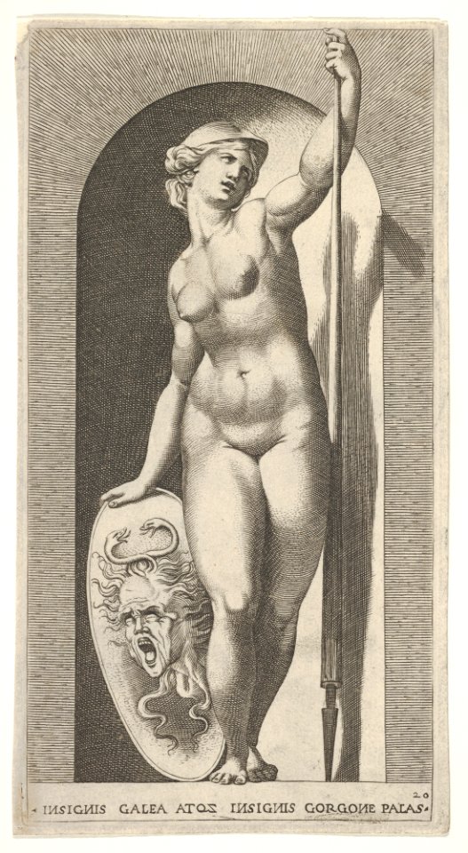 Plate 20- Pallas Athena holding a shield with Medusa's head in her right hand and a lance in her left hand, from a series of mythological gods and goddesses MET DP832200
