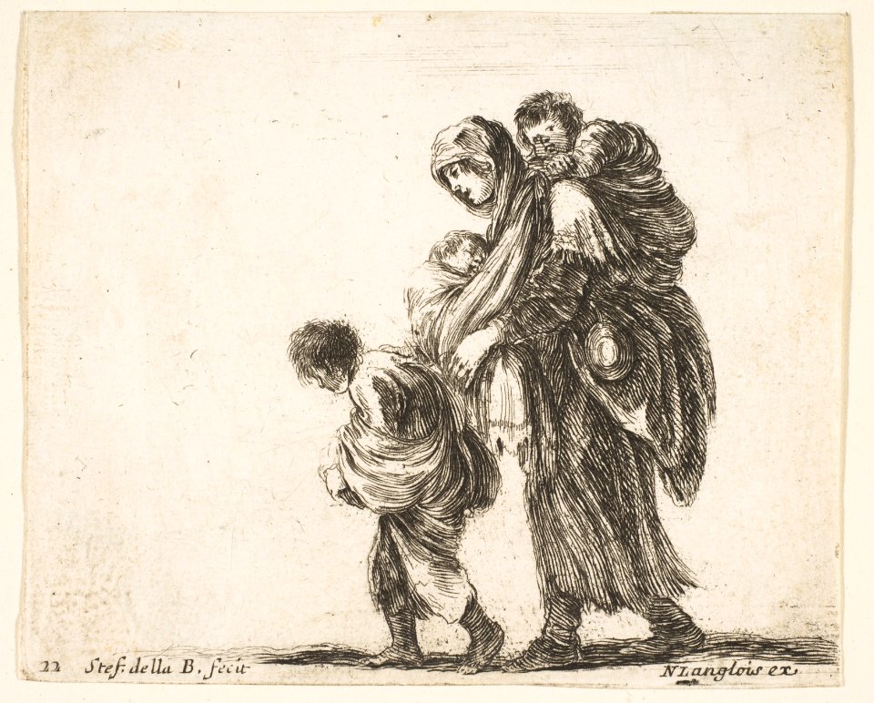 Plate 22- a beggar woman with three children, one child on her shoulders, one child in her arms, and one child who walks in front of her to left, from 'Diversi capricci' MET DP817348