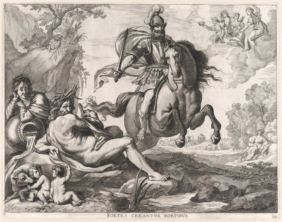 Plate 28- Mars on horseback at center, and Romulus and Remus with the wolf at lower left; from Guillielmus Becanus's 'Serenissimi Principis Ferdinandi, Hispaniarum Infantis...' MET DP874799