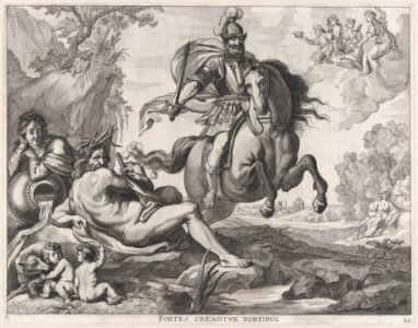 Plate 28- Mars on horseback at center, and Romulus and Remus with the wolf at lower left; from Guillielmus Becanus's 'Serenissimi Principis Ferdinandi, Hispaniarum Infantis...' MET DP874799