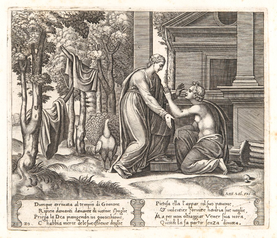 Plate 20- Juno, standing at left, sends away Psyche, who kneels before her, from the Story of Cupid and Psyche as told by Apuleius MET DP862826