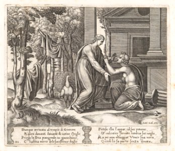 Plate 20- Juno, standing at left, sends away Psyche, who kneels before her, from the Story of Cupid and Psyche as told by Apuleius MET DP862826