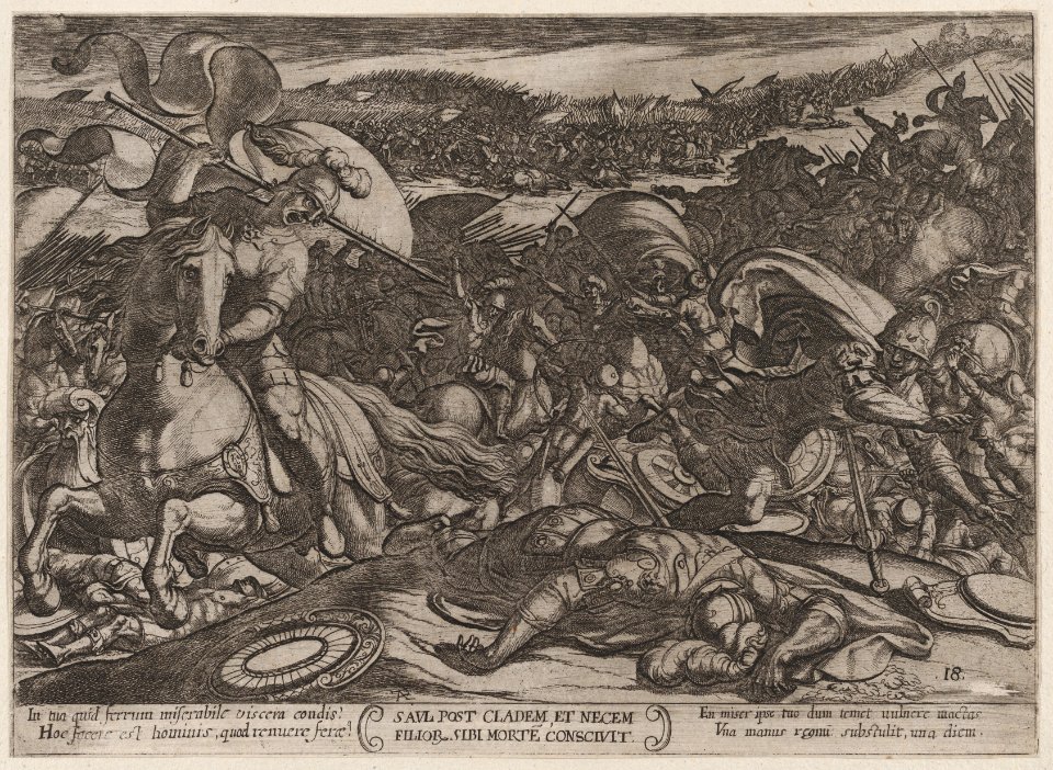 Plate 18- Saul's Suicide after His Defeat by the Philistines, from 'The Battles of the Old Testament' MET DP863691