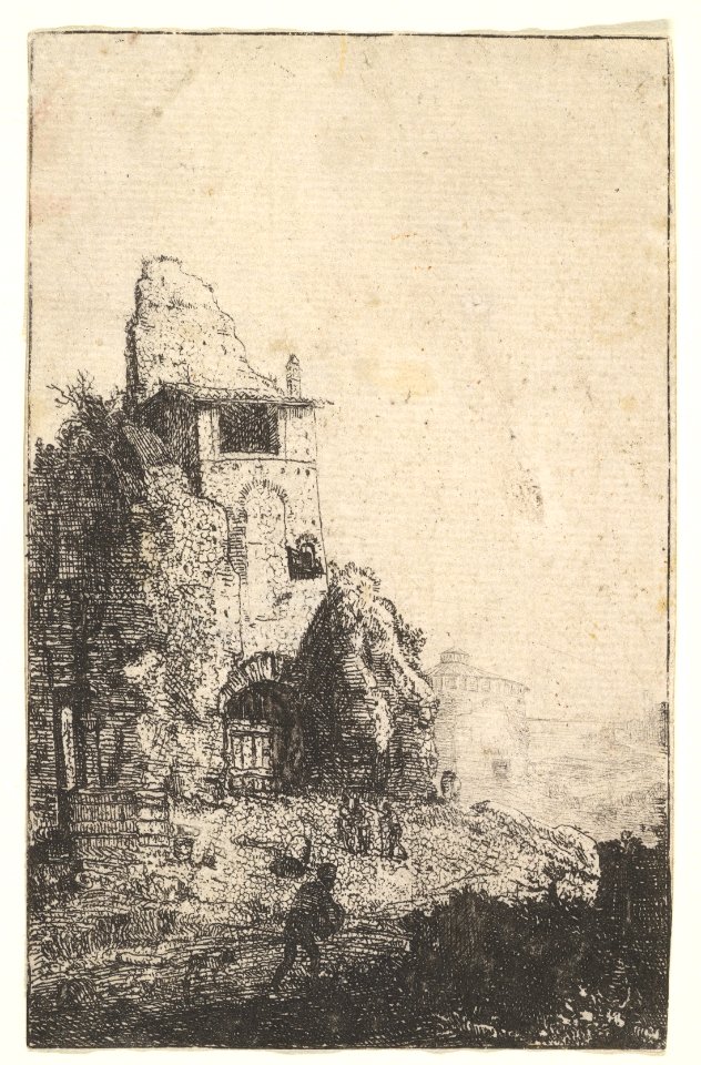 Plate 2- Calidarium at the Baths of Diocletian, with a man striding toward the right foreground, from the series 'The Ruins of Rome' MET DP828328