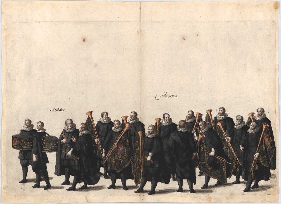 Plate 28- Drummers and trumpet players marching in the funeral procession of Archduke Albert of Austria; from 'Pompa Funebris ... Alberti Pii' MET DP874745