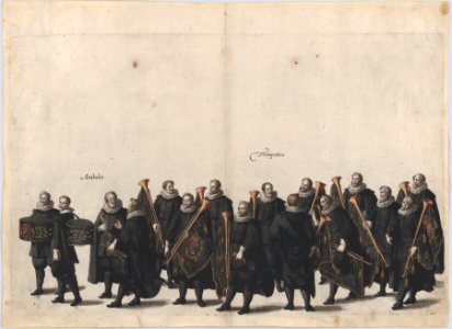 Plate 28- Drummers and trumpet players marching in the funeral procession of Archduke Albert of Austria; from 'Pompa Funebris ... Alberti Pii' MET DP874745