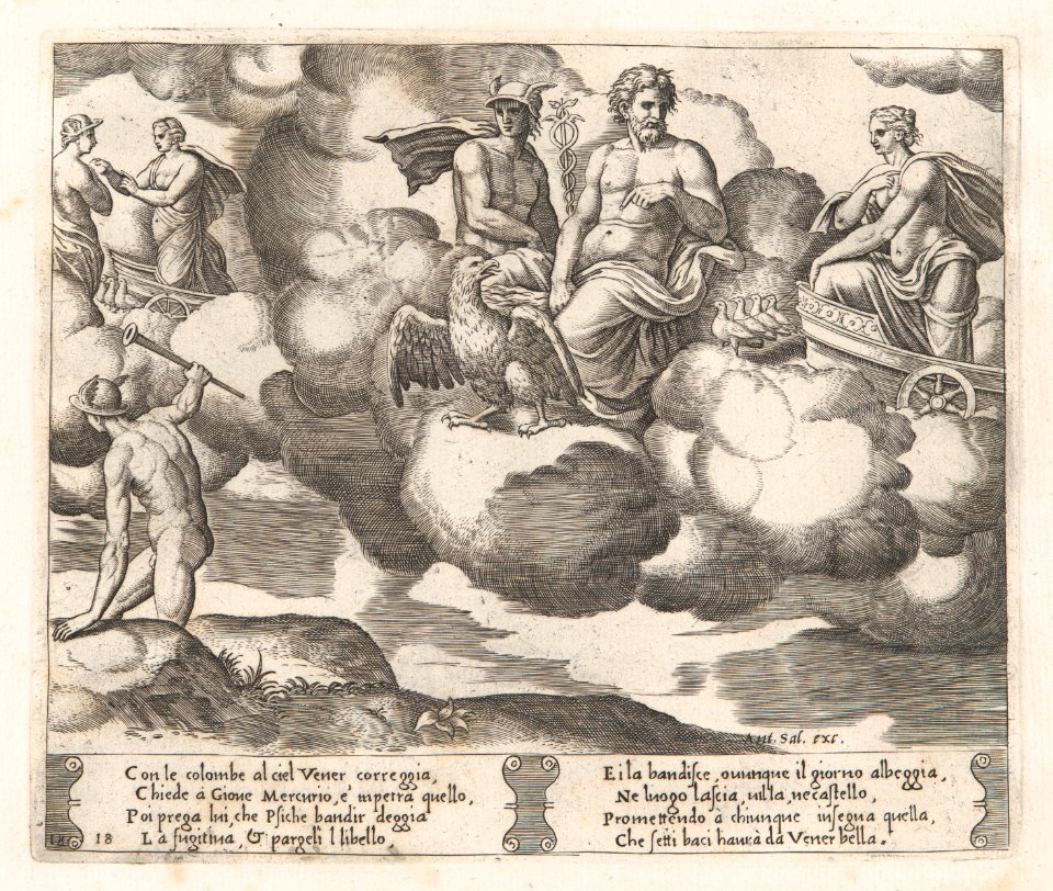 Plate 18- Venus in her dove-drawn chariot complaining to Jupiter, who is accompanied by Mercury and an eagle, at left Mercury has descended to earth, from the Story of Cupid and Psyche as told by Apuleius MET DP862824