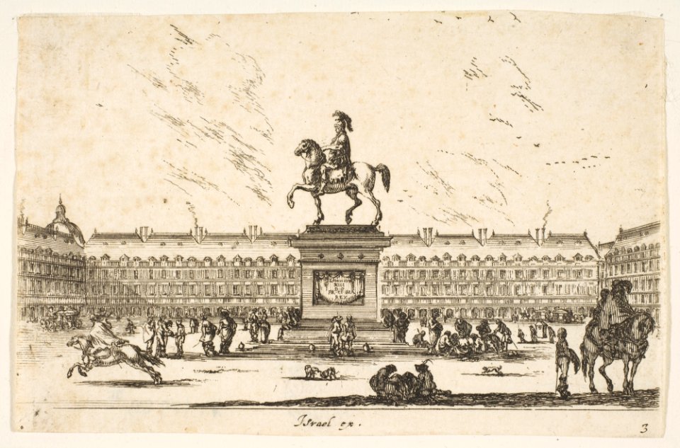 Plate 3- La Place Royale, equestrian statue of Louis XIII in profile facing the left in center, various horsemen and figures in background, from 'Various Figures' (Agréable diversité de figures) MET DP817339