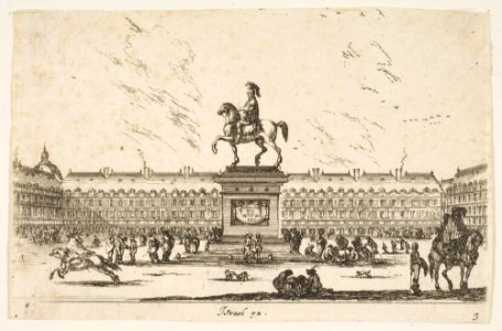 Plate 3- La Place Royale, equestrian statue of Louis XIII in profile facing the left in center, various horsemen and figures in background, from 'Various Figures' (Agréable diversité de figures) MET DP817339