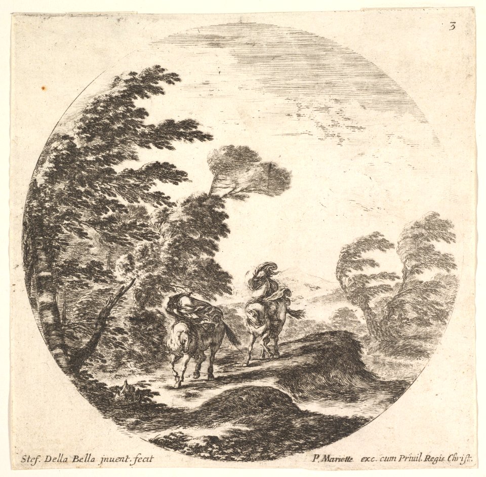 Plate 3- a gale in the forest, two horsemen wrapped in their cloaks, the wind is blowing from the left side, a round composition, from 'Roman landscapes and ruins' (Paysages et ruines de Rome) MET DP828077