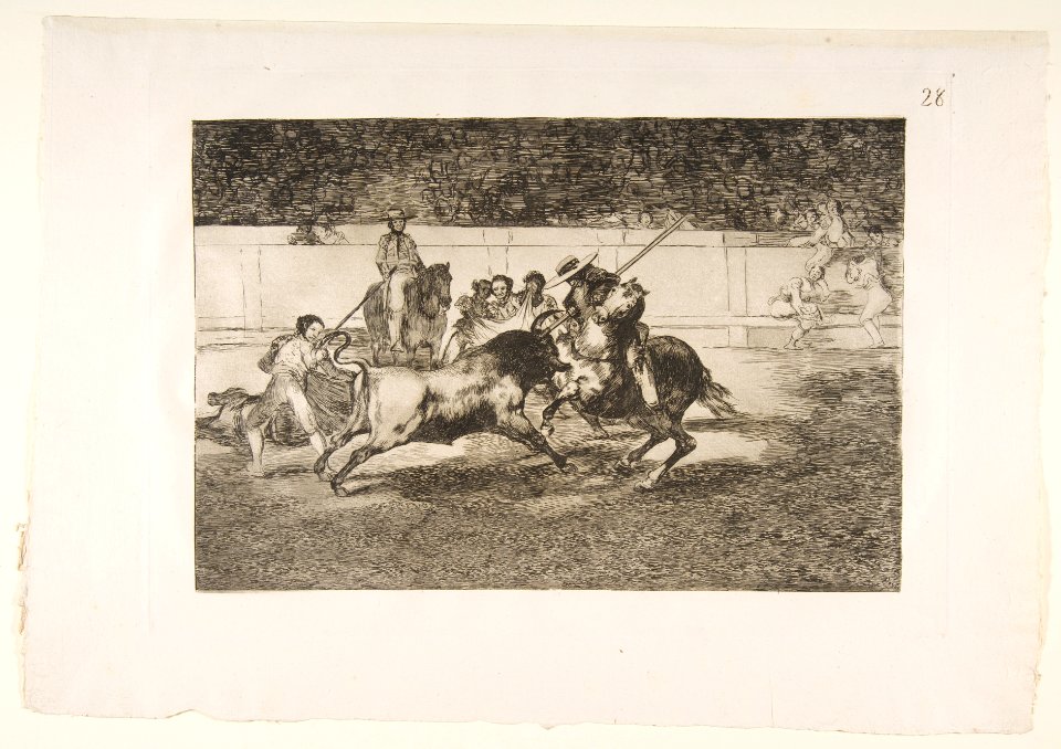 Plate 28 of the 'Tauromaquia'- The forceful Rendon stabs a bull with the pique, from which pass he died in the ring at Madrid. MET DP817788
