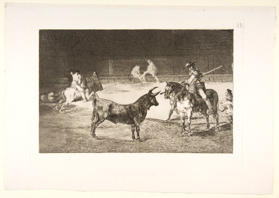 Plate 27 from the 'Tauromaquia'- The celebrated picador, Fernando del Toro, draws the fierce beast on with his pike MET DP817524
