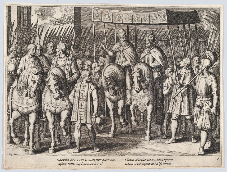 Plate 3- Charles V Crowned Emperor entering Rome with the Pope, from the Triumphs of Charles V MET DP873402
