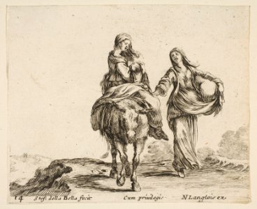 Plate 14- a young peasant woman and her child sitting side saddle atop a horse in center, another peasant woman to right, holding a large bag in her left arm, from 'Diversi capricci' MET DP817414