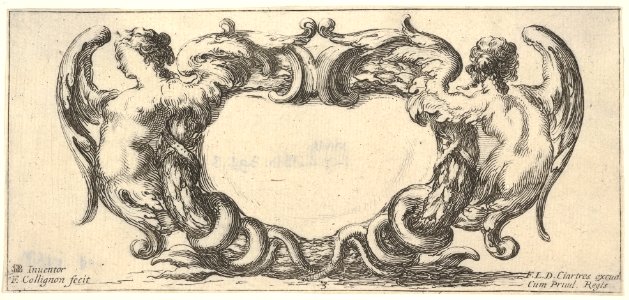 Plate 3- a cartouche with a woman with wings ending in a serpent's tail to left, seen from the front, a similar woman seen from the back to right, from 'Twelve cartouches' (Recueil de douze cartouches) MET DP832438