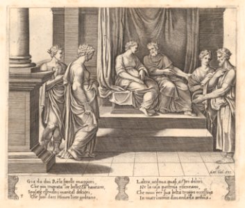 Plate 3- Psyche's two sisters are married to kings, with Psyche standing at left, accompanied by another king, from the Story of Cupid and Psyche as told by Apuleius MET DP862809
