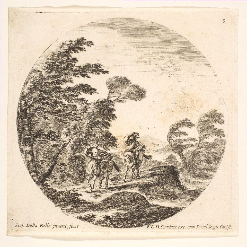 Plate 3- a gale in the forest, two horsemen wrapped in their cloaks, the wind is blowing from the left side, a round composition, from 'Roman landscapes and ruins' (Paysages et ruines de Rome) MET DP817972