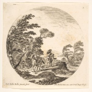 Plate 3- a gale in the forest, two horsemen wrapped in their cloaks, the wind is blowing from the left side, a round composition, from 'Roman landscapes and ruins' (Paysages et ruines de Rome) MET DP817972
