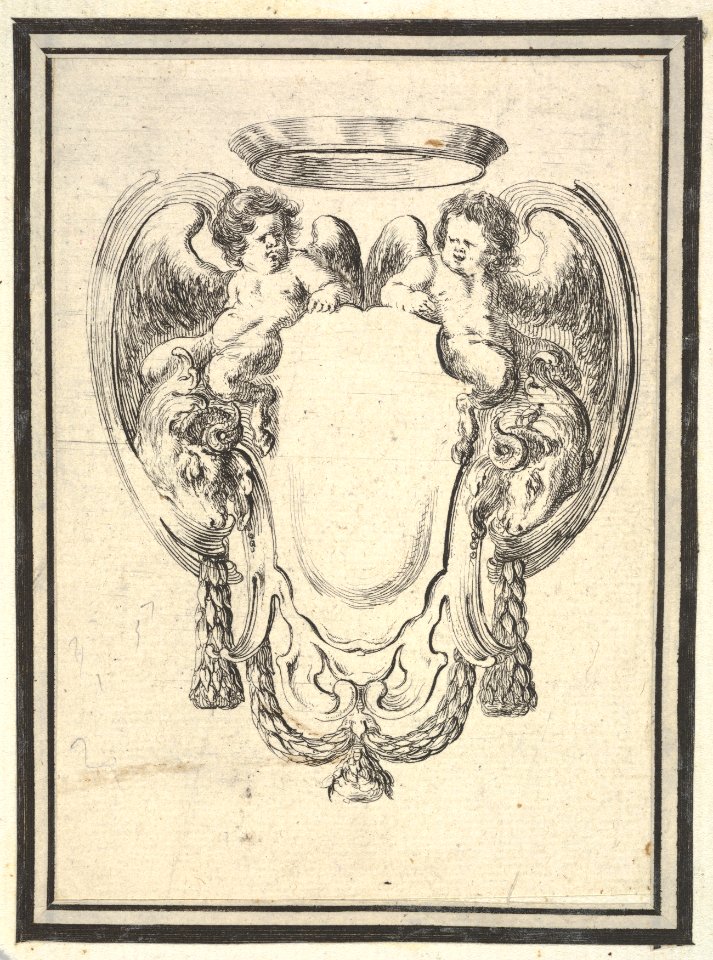 Plate 12- a cartouche flanked by two winged infant satyrs riding on the heads of two rams, from 'Nouvelles inventions de Cartouches' MET DP833500