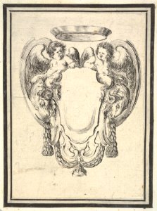 Plate 12- a cartouche flanked by two winged infant satyrs riding on the heads of two rams, from 'Nouvelles inventions de Cartouches' MET DP833500