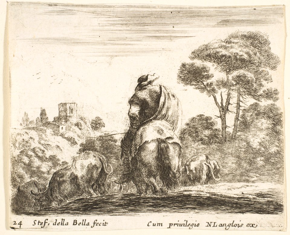 Plate 24- herdsman atop a horse, seen from behind, leads his cattle down a hill, a tower on a hill to left in the background, from 'Diversi capricci' MET DP817350
