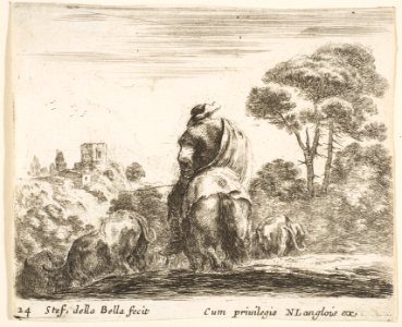 Plate 24- herdsman atop a horse, seen from behind, leads his cattle down a hill, a tower on a hill to left in the background, from 'Diversi capricci' MET DP817350