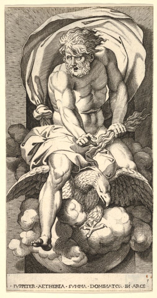 Plate 3- Jupiter emerging from a niche, riding an eagle and holding a thunderbolt in his left hand, from a series of mythological gods and goddesses MET DP830888