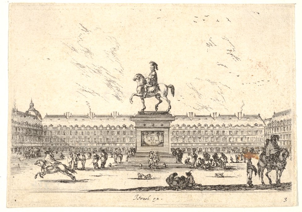Plate 3- La Place Royale, equestrian statue of Louis XIII in profile facing the left in center, various horsemen and figures in background, from 'Various Figures' (Agréable diversité de figures) MET DP833192