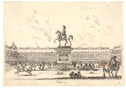 Plate 3- La Place Royale, equestrian statue of Louis XIII in profile facing the left in center, various horsemen and figures in background, from 'Various Figures' (Agréable diversité de figures) MET DP833192