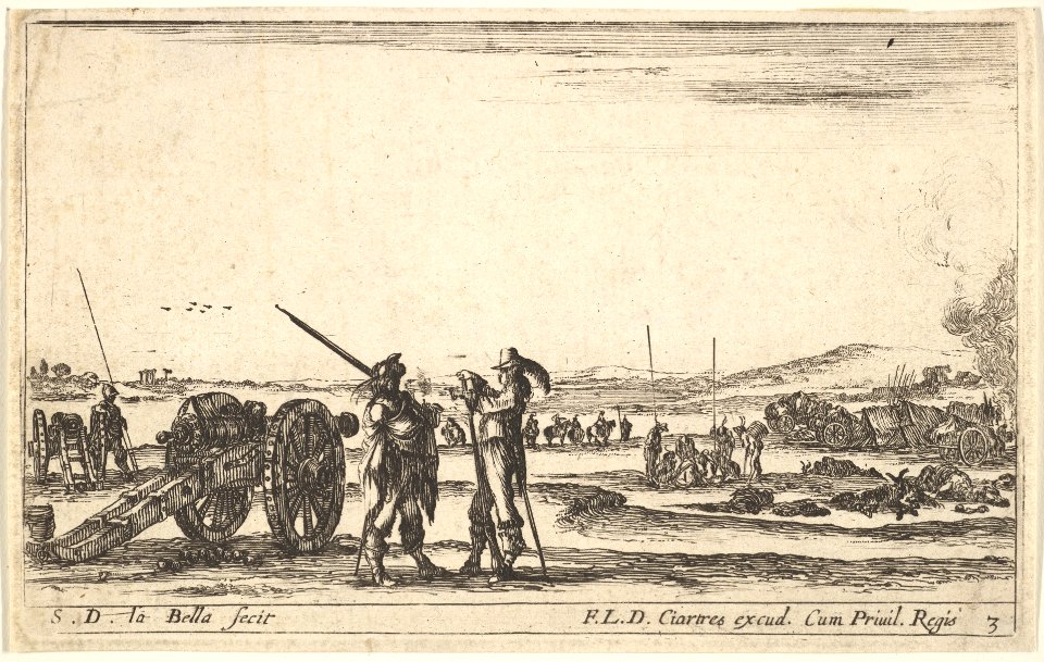 Plate 3- An officer giving orders to a solider in centre foreground, cannon at left, from 'Various Military Caprices' (Varii capricci militari) MET DP829708