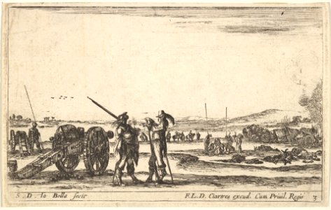 Plate 3- An officer giving orders to a solider in centre foreground, cannon at left, from 'Various Military Caprices' (Varii capricci militari) MET DP829708