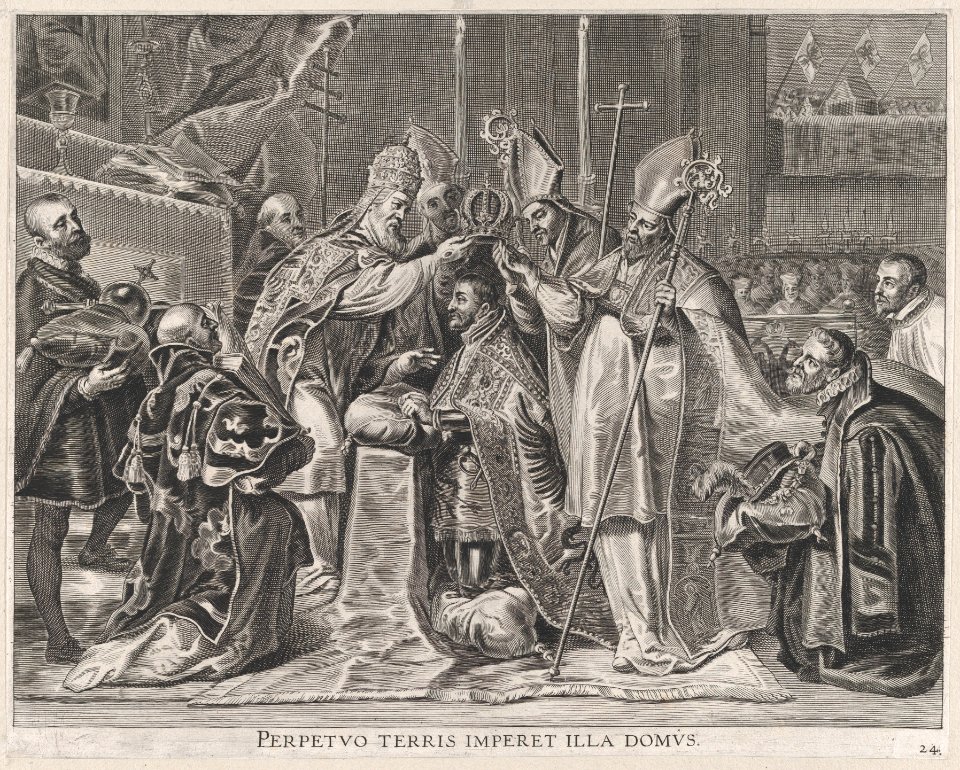 Plate 24- Charles V crowned Emperor by the Pope; from Guillielmus Becanus's 'Serenissimi Principis Ferdinandi, Hispaniarum Infantis...' MET DP874801