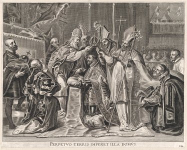 Plate 24- Charles V crowned Emperor by the Pope; from Guillielmus Becanus's 'Serenissimi Principis Ferdinandi, Hispaniarum Infantis...' MET DP874801