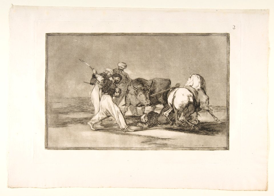 Plate 3 of the 'Tauromaquia'-The Moors settled in Spain, giving up the superstitions of the Koran, adopted this art of hunting, and spear a bull in the open MET DP817774