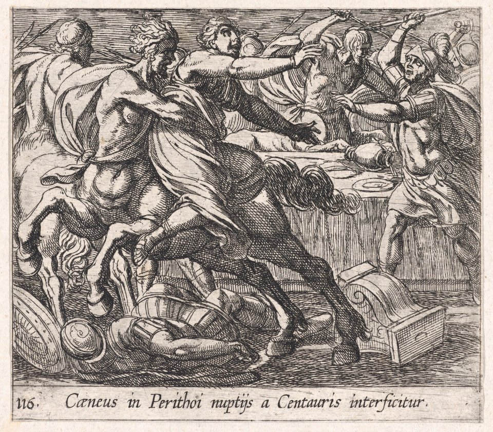 Plate 116- The Battle of the Lapithae and the Centaurs (Caeneus in Perithoi nuptijs a Centauris interficitur), from Ovid's 'Metamorphoses' MET DP866563