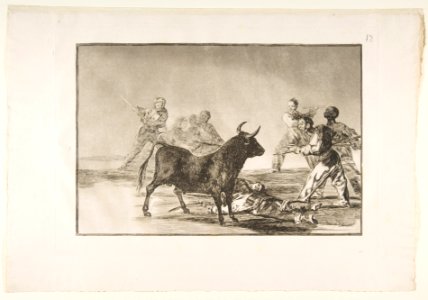 Plate 12 from the 'Tauromaquia'- The crowd hamstrings the bull with lances, sickles, banderillas and other arms. MET DP817515. Free illustration for personal and commercial use.
