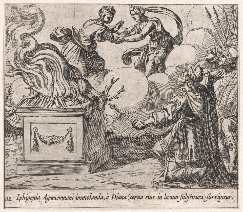 Plate 112- Agamemnon Sacrificing Iphigenia (Iphigenia Agamemnoni immolanda, à Diana (cerva eius in locum substituta) surripitur), from Ovid's 'Metamorphoses' MET DP866559