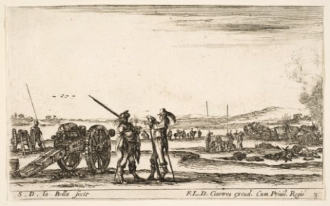 Plate 3- An officer giving orders to a solider in centre foreground, cannon at left, from 'Various Military Caprices' (Varii capricci militari) MET DP817419