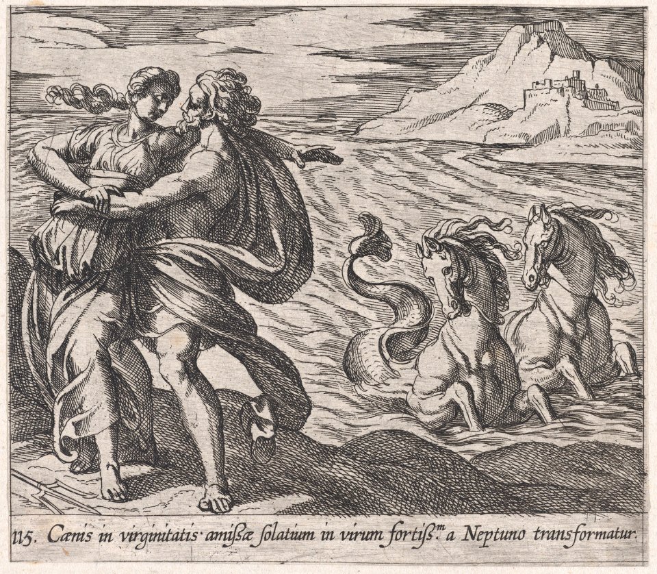Plate 115- The Rape of Caenis (Caenis in virginitatis amißae solatium in virum fortiß.m a Neptuno transformatur), from Ovid's 'Metamorphoses' MET DP866562