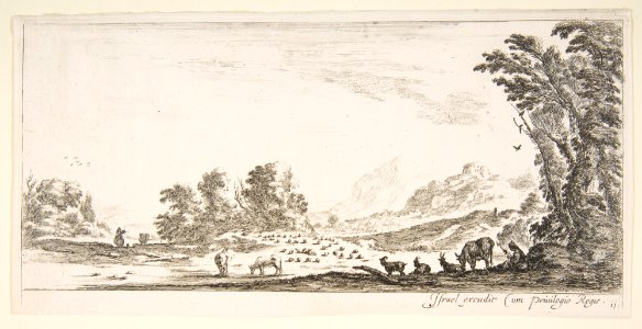 Plate 11- shepherdess seated to the right under a tree, watching her flock to the left, mountains to right in the background, from 'Various landscapes' (Divers paysages) MET DP817819